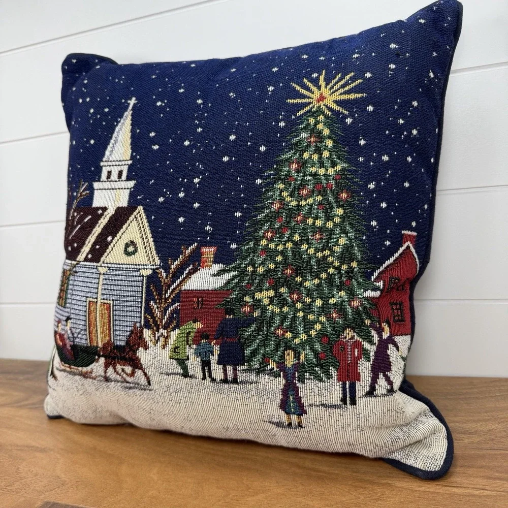 Christmas Pillow Holiday Church Street Scene Sleigh VTG Cottagecore Tapestry